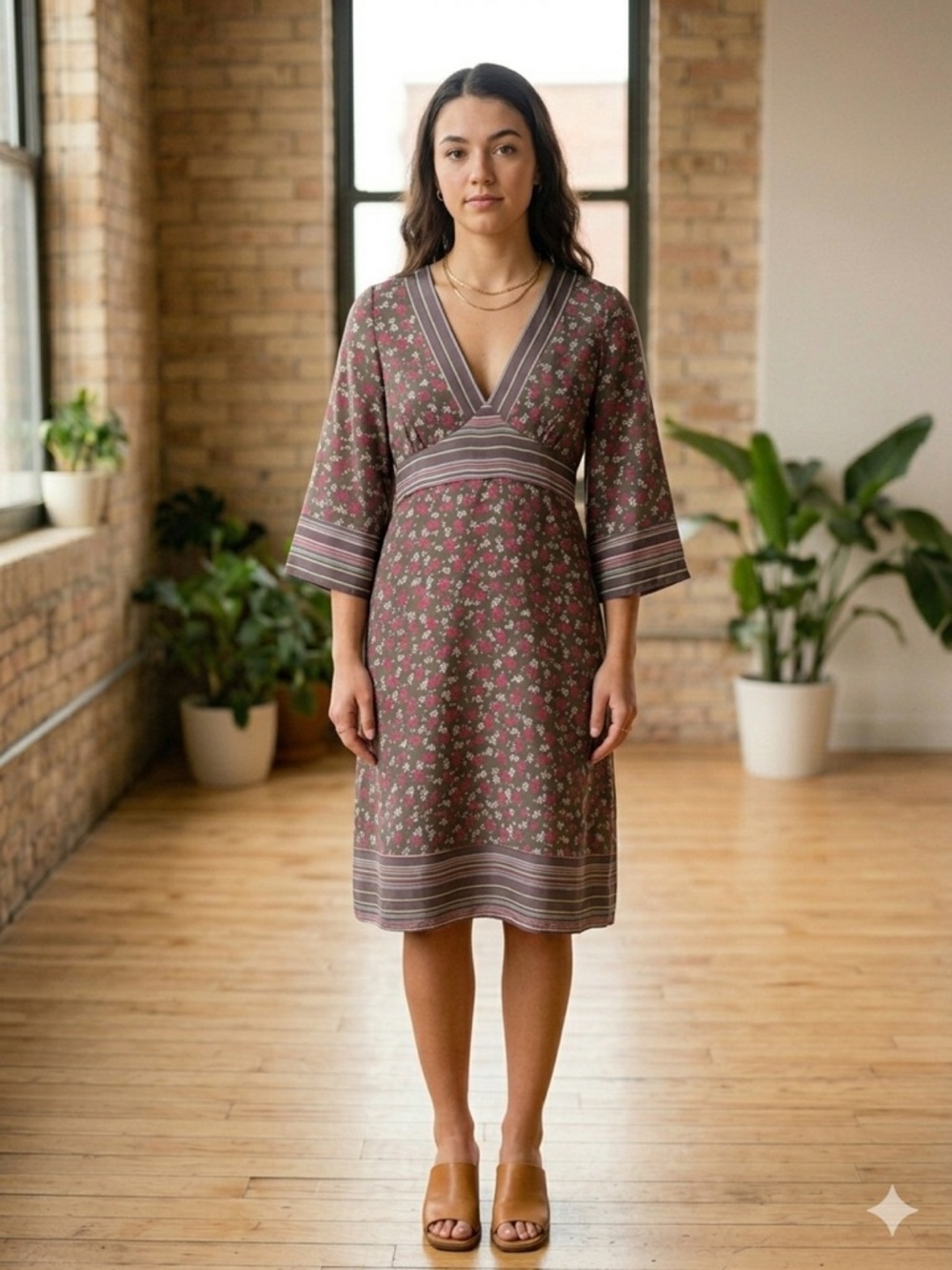 Vintage Central Park 100% Silk Dress Small Y2K Boho Floral Striped Empire Waist